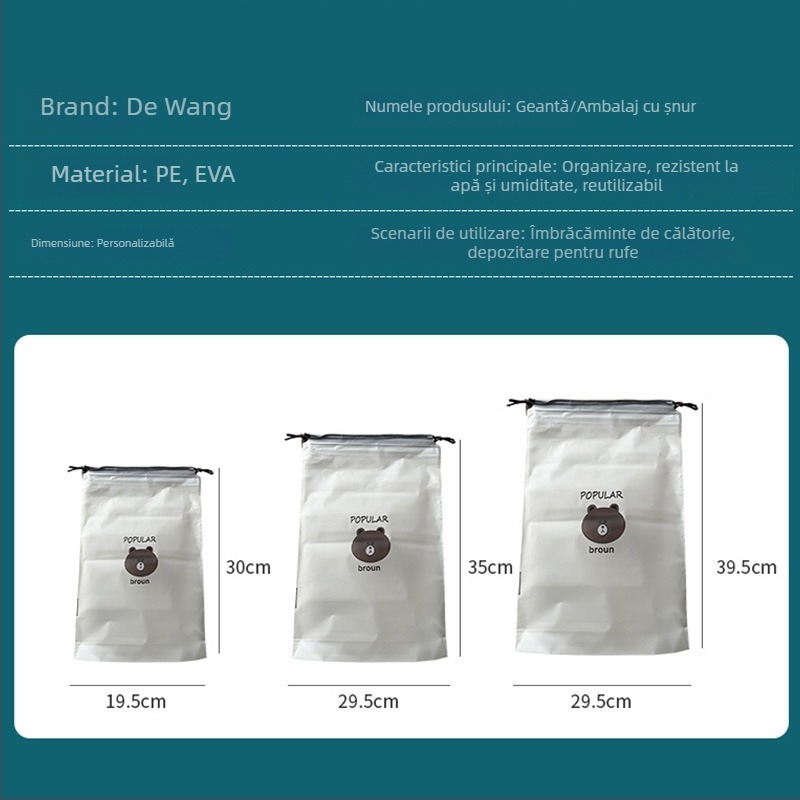 Sac de depozitare cu șnur, motiv urs, dublu strat, finisaj mat, pentru pantofi, haine și produse cosmetice de călătorie