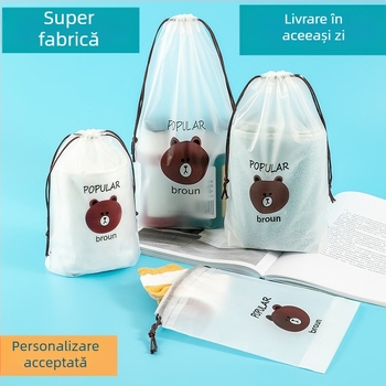 Sac transparent cu imprimeu ursuleț și șnur, pentru călătorii – organizator pentru lenjerie, șosete, pantofi și prosoape, anti-umiditate