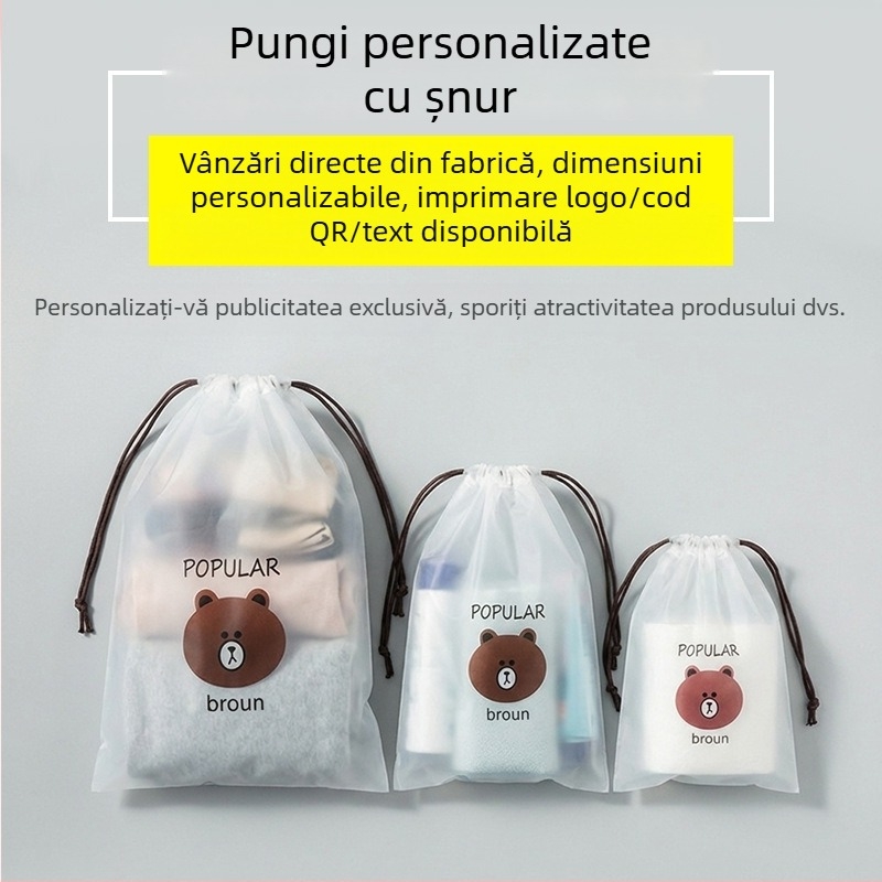 Sac transparent cu imprimeu ursuleț și șnur, pentru călătorii – organizator pentru lenjerie, șosete, pantofi și prosoape, anti-umiditate