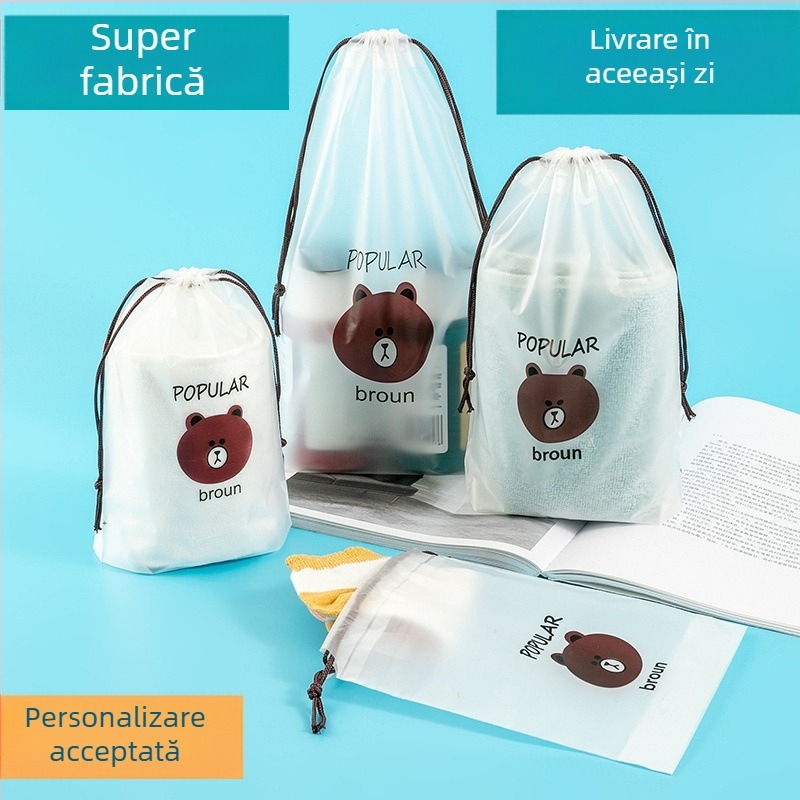 Sac transparent cu imprimeu ursuleț și șnur, pentru călătorii – organizator pentru lenjerie, șosete, pantofi și prosoape, anti-umiditate