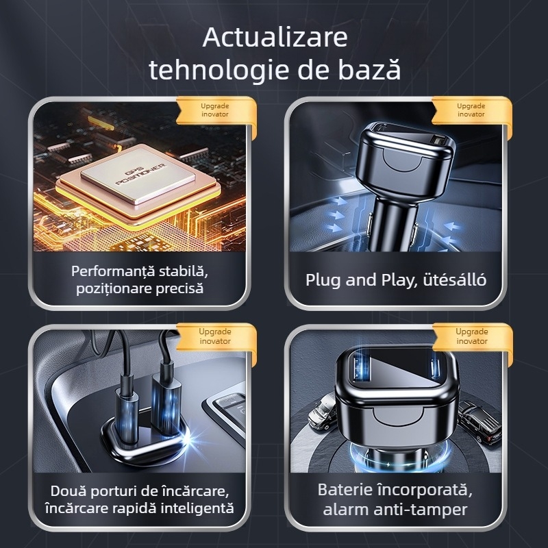 Încărcător auto wireless cu localizare GPS + Beidou (precizie 5M), porturi duale de încărcare rapidă, alimentare Type-C, alarmă anti-manipulare