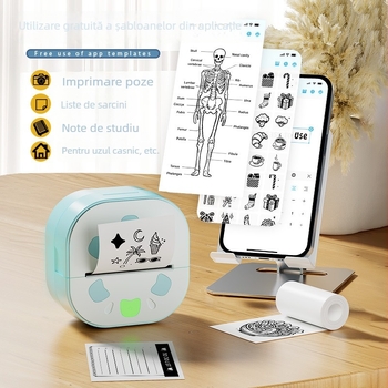 Imprimantă de etichete D21 cu Bluetooth, imprimare termică, format 48 mm, capacitate hârtie 57 mm, compatibil Android și iOS