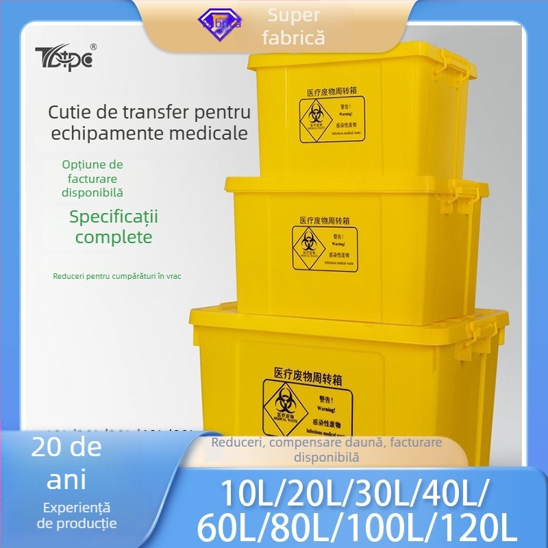 Cutie turnover pentru deșeuri medicale — plastic PP, protecție împotriva prafului, portabilă cu roți, model TBT