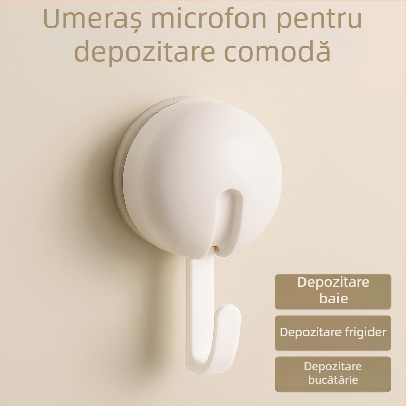 Umeraș cu ventuză pentru bucătărie și baie, fără găuri, ABS, cârlig unic, stil modern minimalist, încărcare 3–5 kg