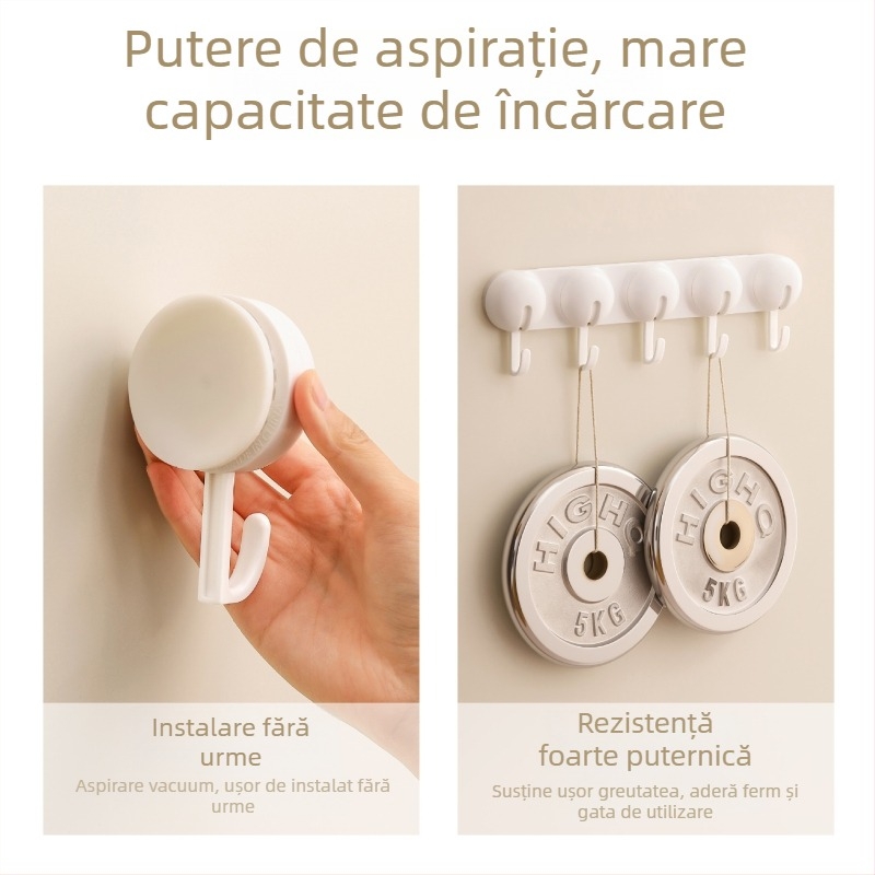 Umeraș cu ventuză pentru bucătărie și baie, fără găuri, ABS, cârlig unic, stil modern minimalist, încărcare 3–5 kg
