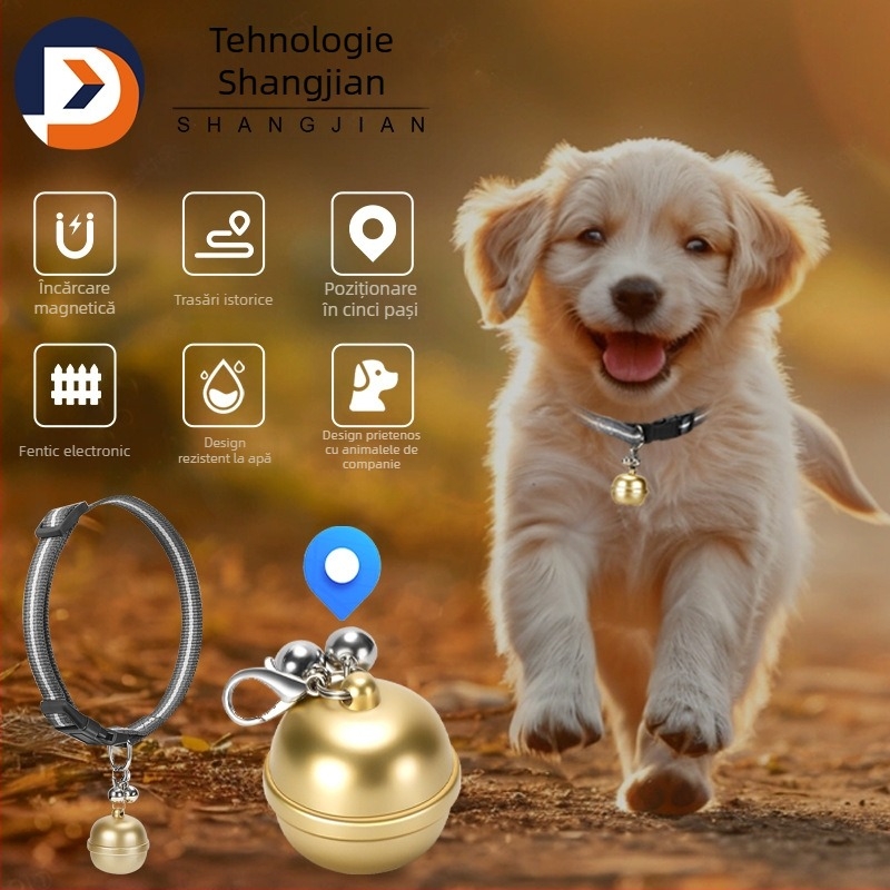 Localizator pentru animale de companie cu poziționare triplă, IP67 rezistent la apă, precizie GPS 10 m, autonomie baterie 100 h, alarme: vibrare, SOS, mobil, zonă
