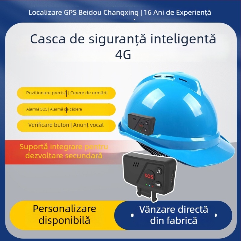 Locator pentru cască de protecție 4G GPS - tracker cu precizie 0.1 m, IP67 rezistent la apă, alarmă SOS, montaj magnetic