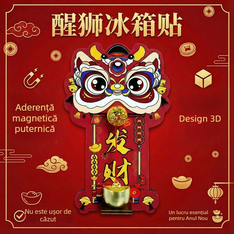 Sonerie de ușă cu magnet decorativ festiv pentru Anul Nou — Dansul Leului, Material magnetic moale, 180 buc./cutie, posibilitate etichetă privată, personalizare disponibilă, magnet decorativ pentru frigider