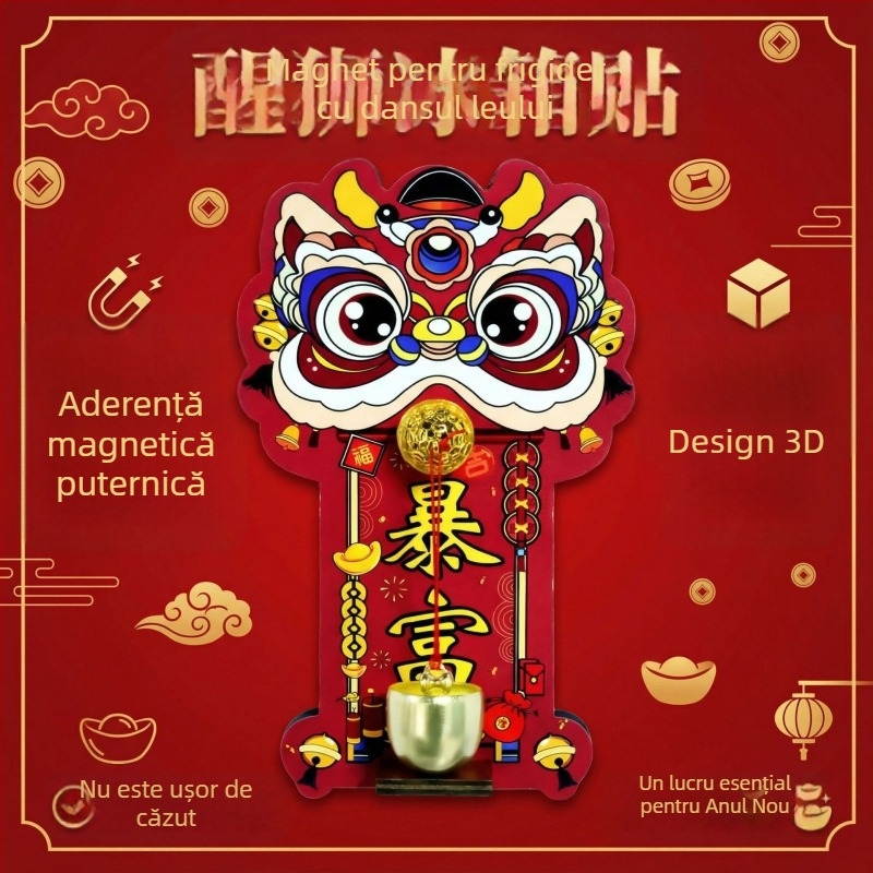 Sonerie de ușă cu magnet decorativ festiv pentru Anul Nou — Dansul Leului, Material magnetic moale, 180 buc./cutie, posibilitate etichetă privată, personalizare disponibilă, magnet decorativ pentru frigider