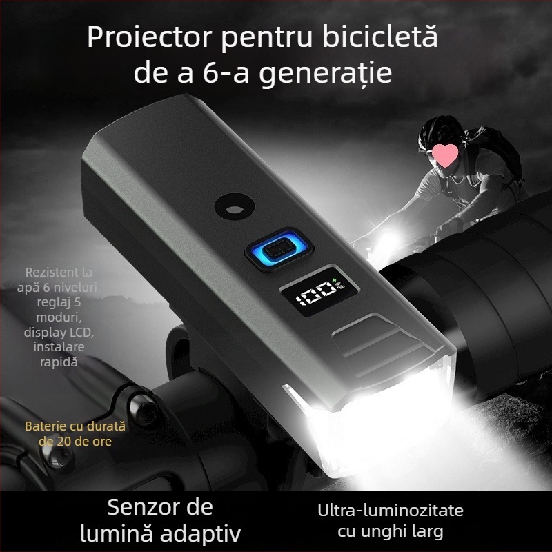 Lumină pentru bicicletă cu încărcare Type-C și afișaj digital, iluminare puternică pentru drum, senzor pentru noapte