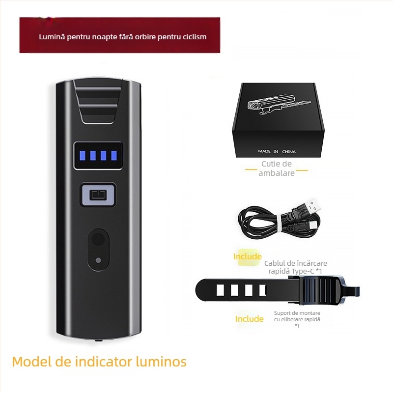 Lumină pentru bicicletă cu încărcare Type-C și afișaj digital, iluminare puternică pentru drum, senzor pentru noapte