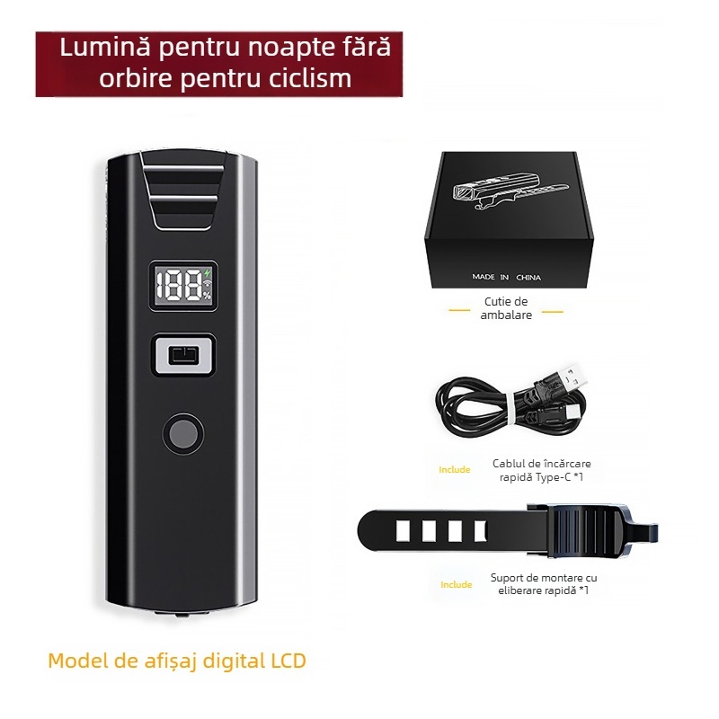 Lumină pentru bicicletă cu încărcare Type-C și afișaj digital, iluminare puternică pentru drum, senzor pentru noapte