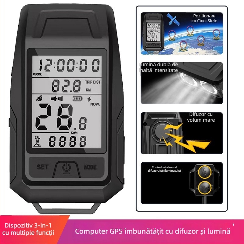 Faro frontal pentru bicicletă de munte, computer de ciclism wireless 3 în 1, lumină de avertizare, iluminare pentru noapte a bicicletei de drum