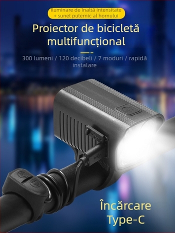 Lumină frontală pentru bicicletă de munte cu baterie reîncărcabilă, lanternă LED de înaltă intensitate și claxon electric