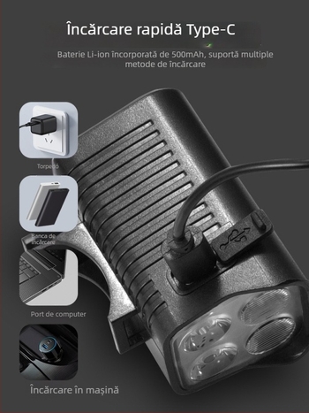 Lumină frontală pentru bicicletă de munte cu baterie reîncărcabilă, lanternă LED de înaltă intensitate și claxon electric