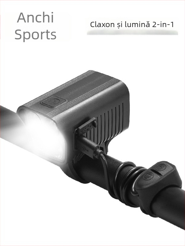 Lumină frontală pentru bicicletă de munte cu baterie reîncărcabilă, lanternă LED de înaltă intensitate și claxon electric