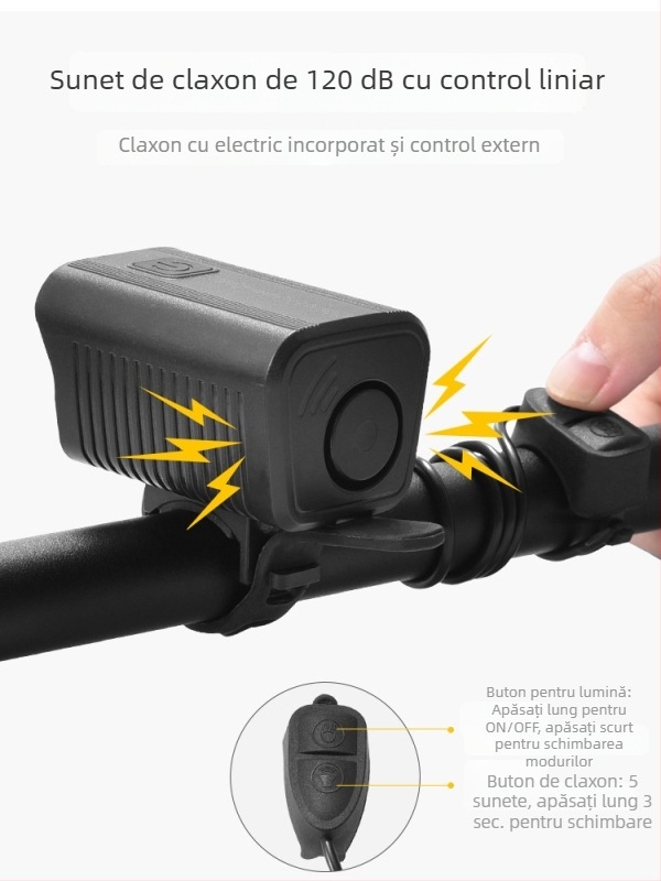 Lumină frontală pentru bicicletă de munte cu baterie reîncărcabilă, lanternă LED de înaltă intensitate și claxon electric