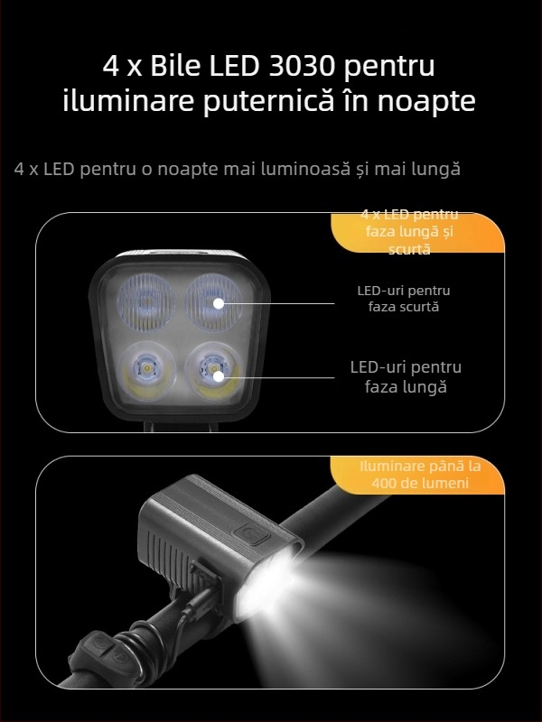 Lumină frontală pentru bicicletă de munte cu baterie reîncărcabilă, lanternă LED de înaltă intensitate și claxon electric