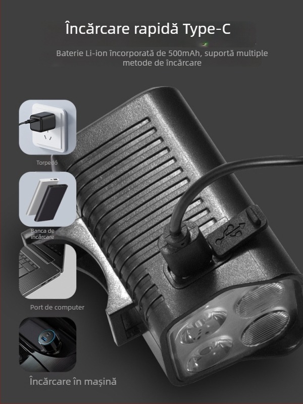 Lumină frontală pentru bicicletă de munte cu baterie reîncărcabilă, lanternă LED de înaltă intensitate și claxon electric