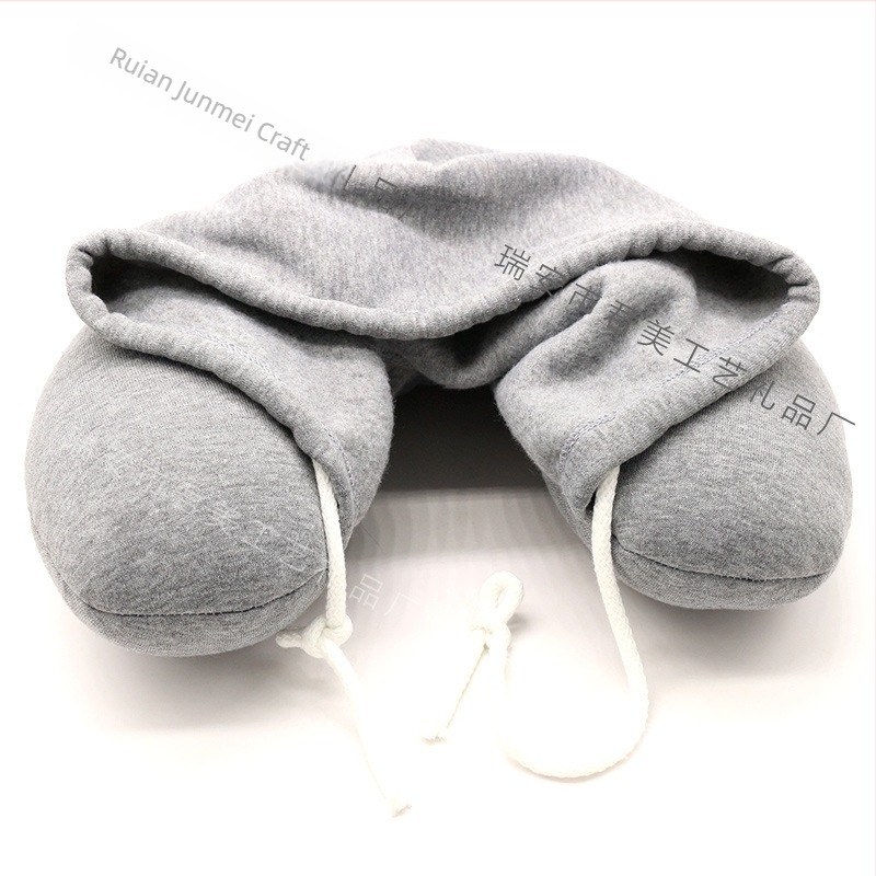 Pernă de gât cu glugă, în formă de U, cu umplutură din granule de spumă, pentru adulți – suport cervical de călătorie; material de bază: poliester; material exterior: nailon