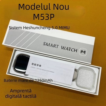 Smartwatch M53P – atingere + buton, ecran AMOLED pătrat, slot pentru card, baterie 1250mAh, curea din silicon