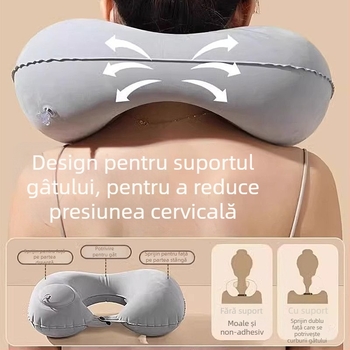 Pernă de călătorie Ruyue, cu formă U, gonflabilă, portabilă, cu țesătură catifelată, potrivită pentru mașină, avion și activități în aer liber