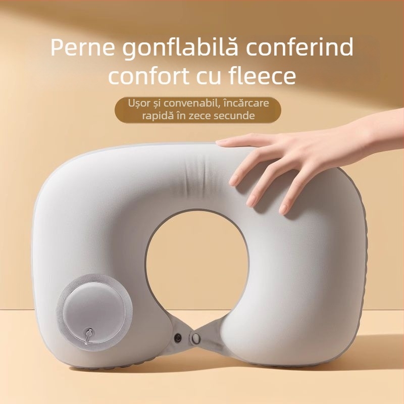 Pernă de călătorie Ruyue, cu formă U, gonflabilă, portabilă, cu țesătură catifelată, potrivită pentru mașină, avion și activități în aer liber