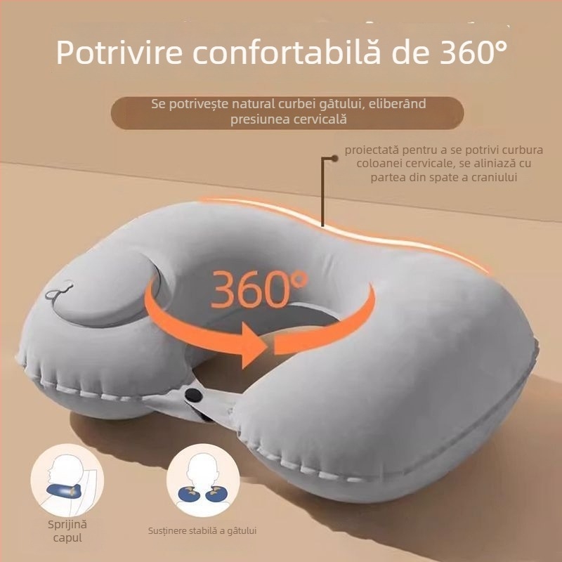 Pernă de călătorie Ruyue, cu formă U, gonflabilă, portabilă, cu țesătură catifelată, potrivită pentru mașină, avion și activități în aer liber