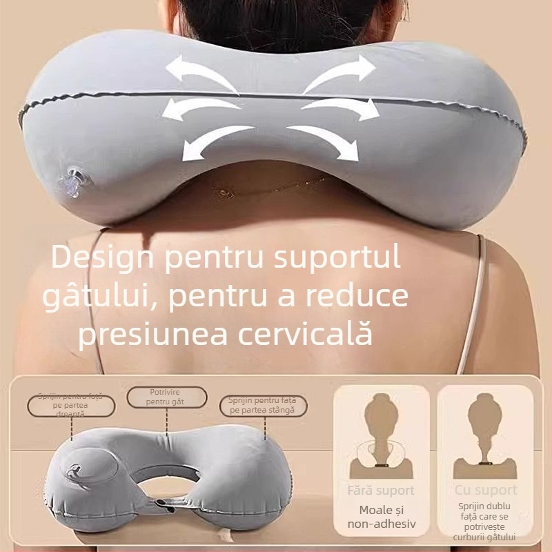 Pernă de călătorie Ruyue, cu formă U, gonflabilă, portabilă, cu țesătură catifelată, potrivită pentru mașină, avion și activități în aer liber