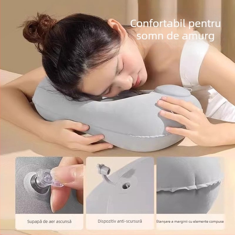 Pernă de călătorie Ruyue, cu formă U, gonflabilă, portabilă, cu țesătură catifelată, potrivită pentru mașină, avion și activități în aer liber