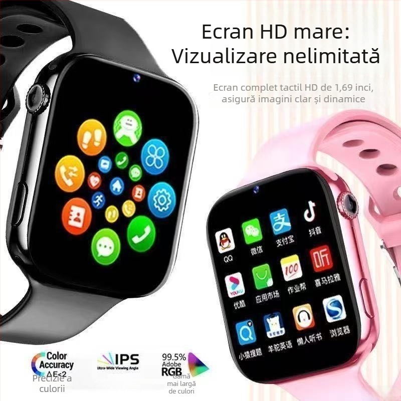 Ceas inteligent pentru copii cu apeluri și plată, impermeabil, slot SIM, curea din silicon, ecran TFT pătrat, model A129
