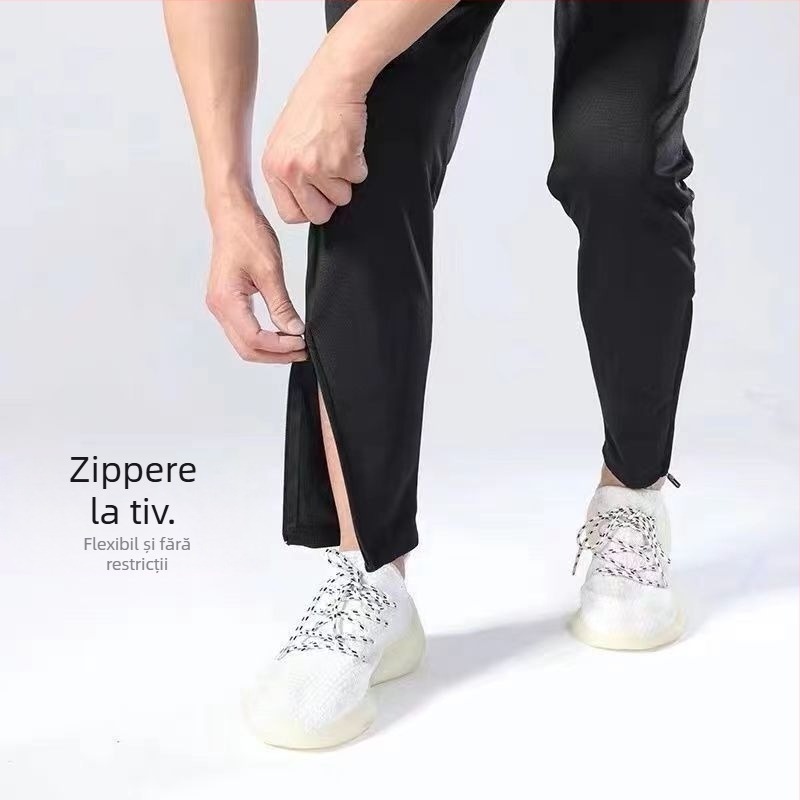 Pantaloni de alergare unisex cu fermoar, uscare rapidă, amestec poliester, patru sezoane, croială dreaptă