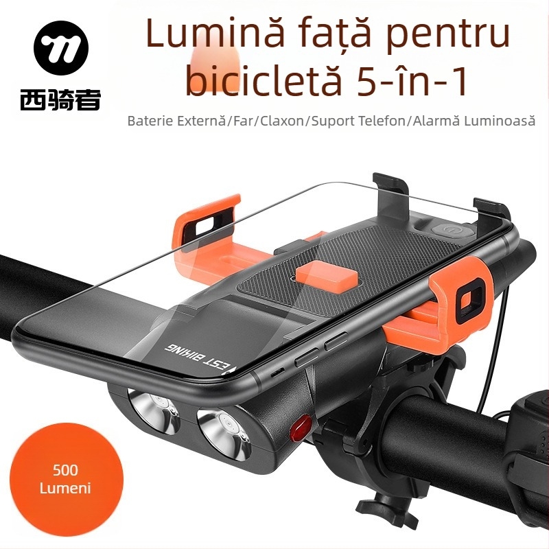 WEST BIKING Suport de telefon pentru bicicletă cu far frontal și baterie încorporată, încuriere printr-un singur clic pentru bicicletă de munte