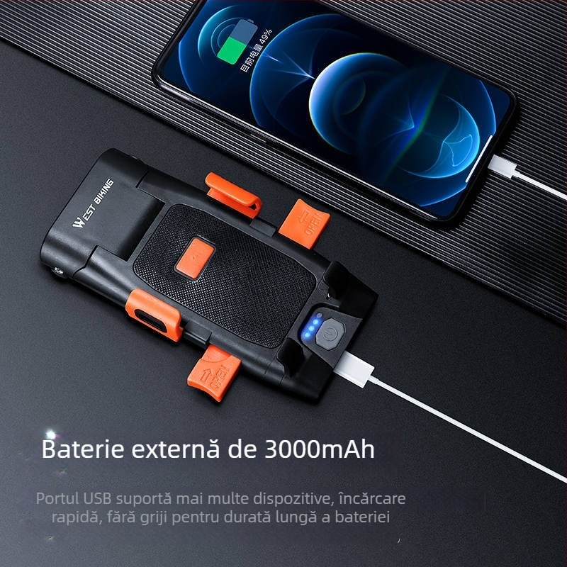 WEST BIKING Suport de telefon pentru bicicletă cu far frontal și baterie încorporată, încuriere printr-un singur clic pentru bicicletă de munte