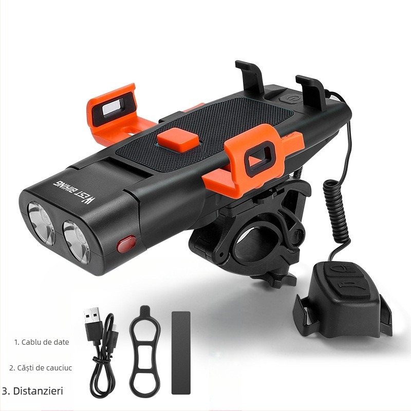 WEST BIKING Suport de telefon pentru bicicletă cu far frontal și baterie încorporată, încuriere printr-un singur clic pentru bicicletă de munte