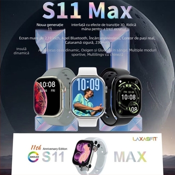S11 Max Smartwatch cu apel Bluetooth, monitorizare ritm cardiac, rezistent la apă pentru utilizare zilnică, încărcare wireless, compatibil Android