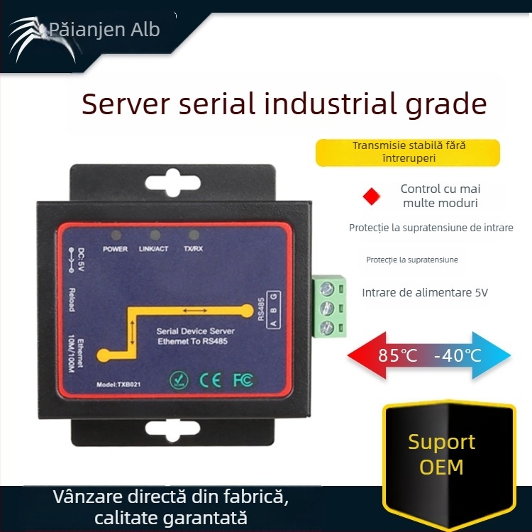 TXB021 Server RS485 pentru port serial — adaptor Ethernet industrial cu suport Modbus TCP/RTU, compatibil Windows 7
