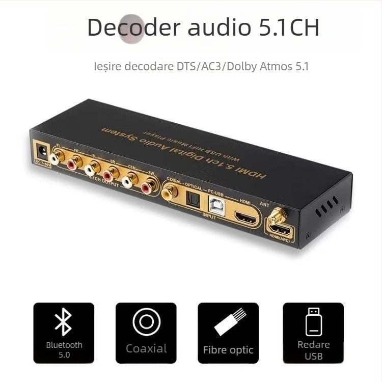 Decodor audio 5.1 cu intrări optice, coaxiale și USB 2.0; suport 4K/2K@30fps; trezire de la distanță