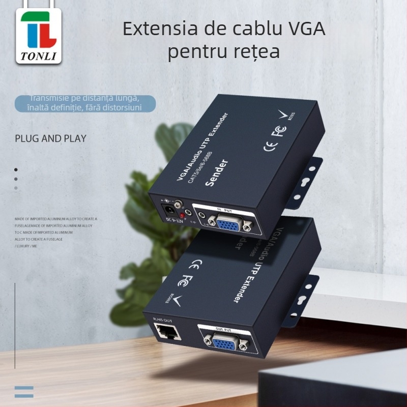 Transmițător VGA pentru cabluri: rezoluție 1920x1080, până la 300 m, tip comutator/redistribuitor, pentru instalații de securitate