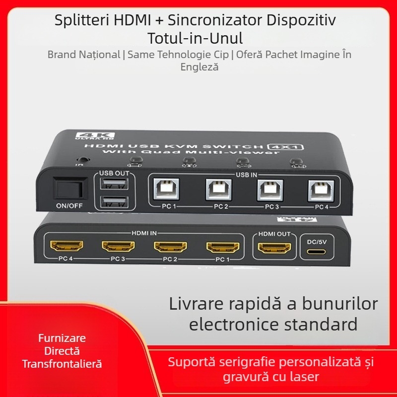 Qi Ruitong QRT-4K-01 comutator HDMI KVM, splitter HDMI 4 în 1 pentru ecran, rezoluție 1920x1080, compatibil Windows 7