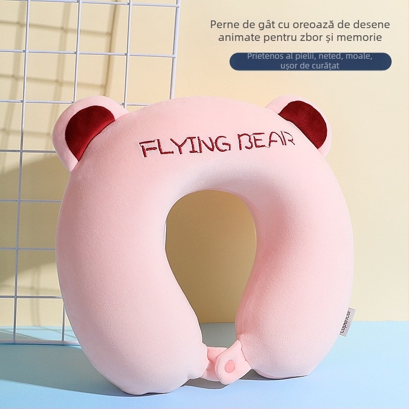 Pernă cervicală în formă de U din spumă cu memorie, cu husă din catifea Crystal Velvet, pentru copii, călătorii și birou, stil Cartoon
