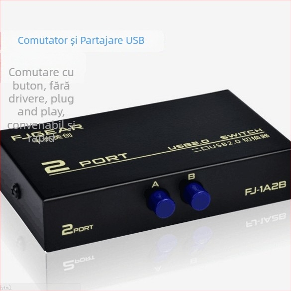 Hub USB pentru partajare imprimantă, 1 la 2, comutator manual, compatibil cu dispozitive USB
