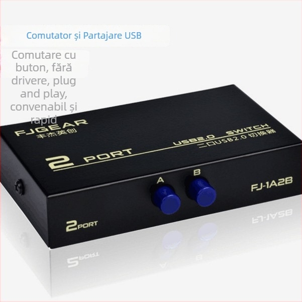 Hub USB pentru partajare imprimantă, 1 la 2, comutator manual, compatibil cu dispozitive USB