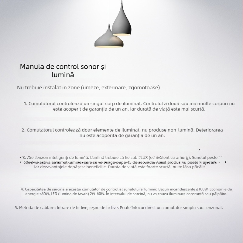 Comutator hol cu control vocal, tip 86, întârziere de 60s, panou cu senzor acustic-lumină, LED economic de energie, tensiune până la 440V, pentru decor interior