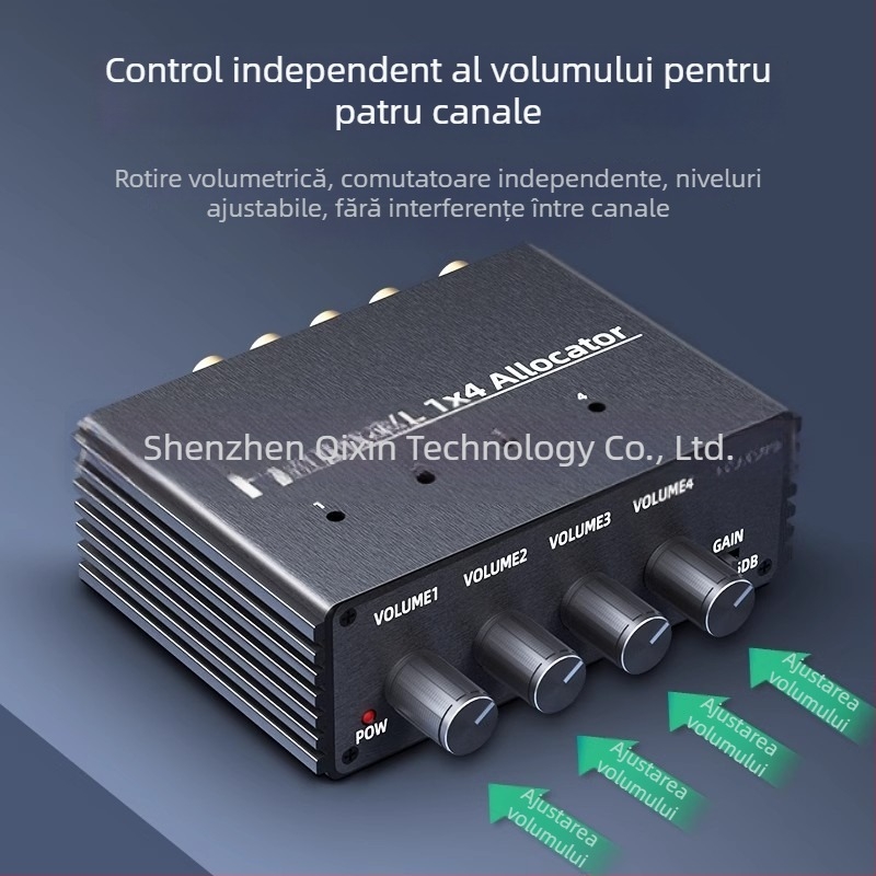 Distribuitor audio 1 intrare 4 ieșiri, redare în sincron, control independent al volumului, audio partajat între mai multe amplificatoare