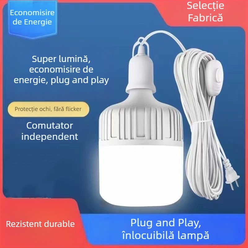 Lampă LED pentru iluminat casnic cu bază E27 și priză, 220V, IP42, putere 5W-120W, corp din PVC, abajur PC, garanție 2 ani
