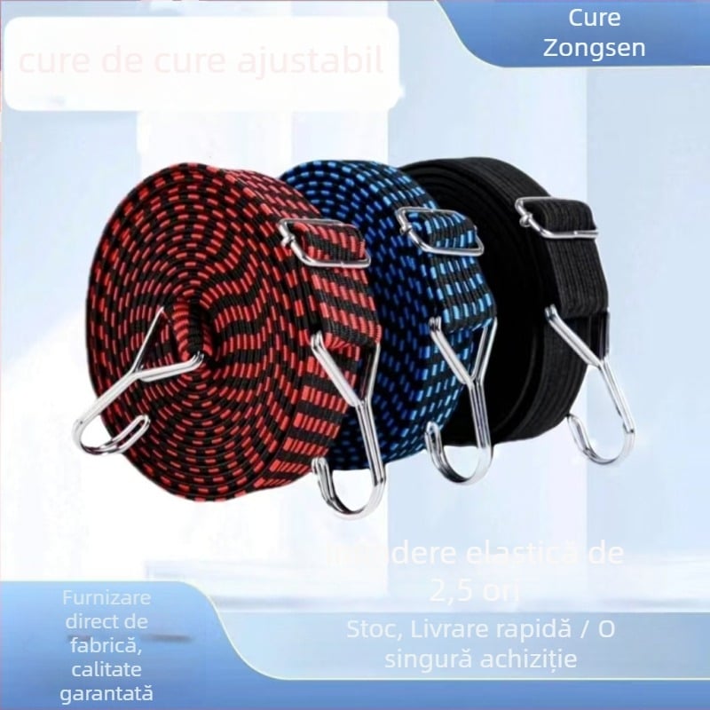 Bandă elastică de prindere cu cârlige pentru bagaje și suport de motocicletă, nucleu din latex + polipropilenă, utilizare în aer liber, reglabilă.