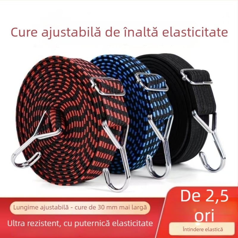 Bandă elastică de prindere cu cârlige pentru bagaje și suport de motocicletă, nucleu din latex + polipropilenă, utilizare în aer liber, reglabilă.