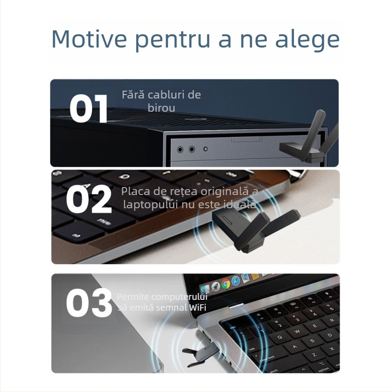 Card WiFi wireless USB 3.0 1800Mbps pentru desktop și laptop – Plug and Play, interfață USB, 802.11b/g/n