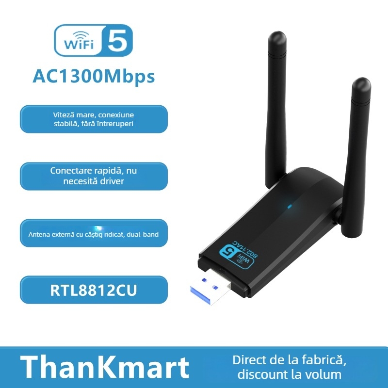 Adaptor USB Wi‑Fi dual-band – 1300 Mbps, 2.4/5 GHz, interfață USB, suportă 802.11ac/a/b/g/n